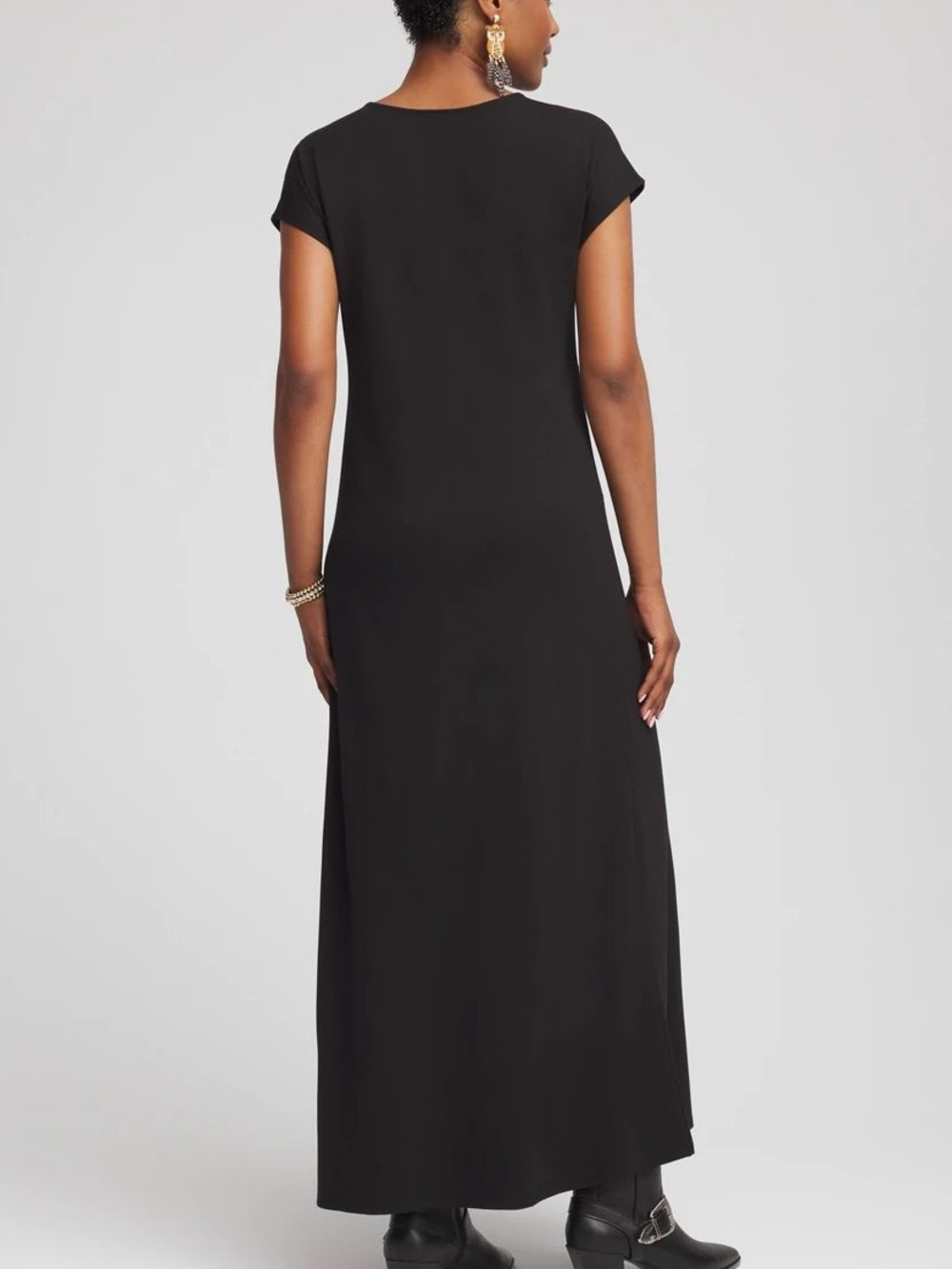 Chico’s Black Slinkey Knit Short Sleeve Maxi Dress Double Side Slit Size 3 XL 16